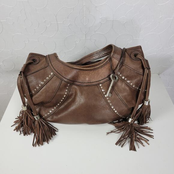 Fossil Fifty Four Womens Shoulder Bag Brown Leather Tassels Studded Hobo Western - Picture 3 of 13